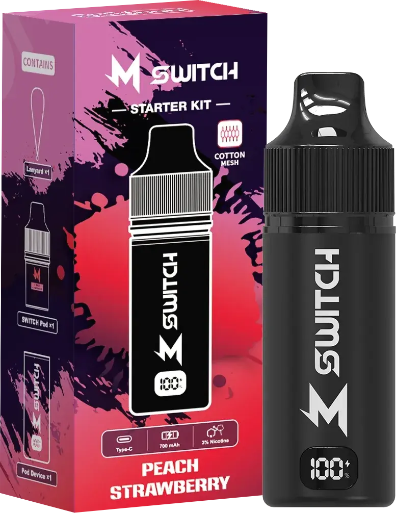 SALTHUB M Switch starter kit, Peach Strawberry — box and device, SALTHUB render