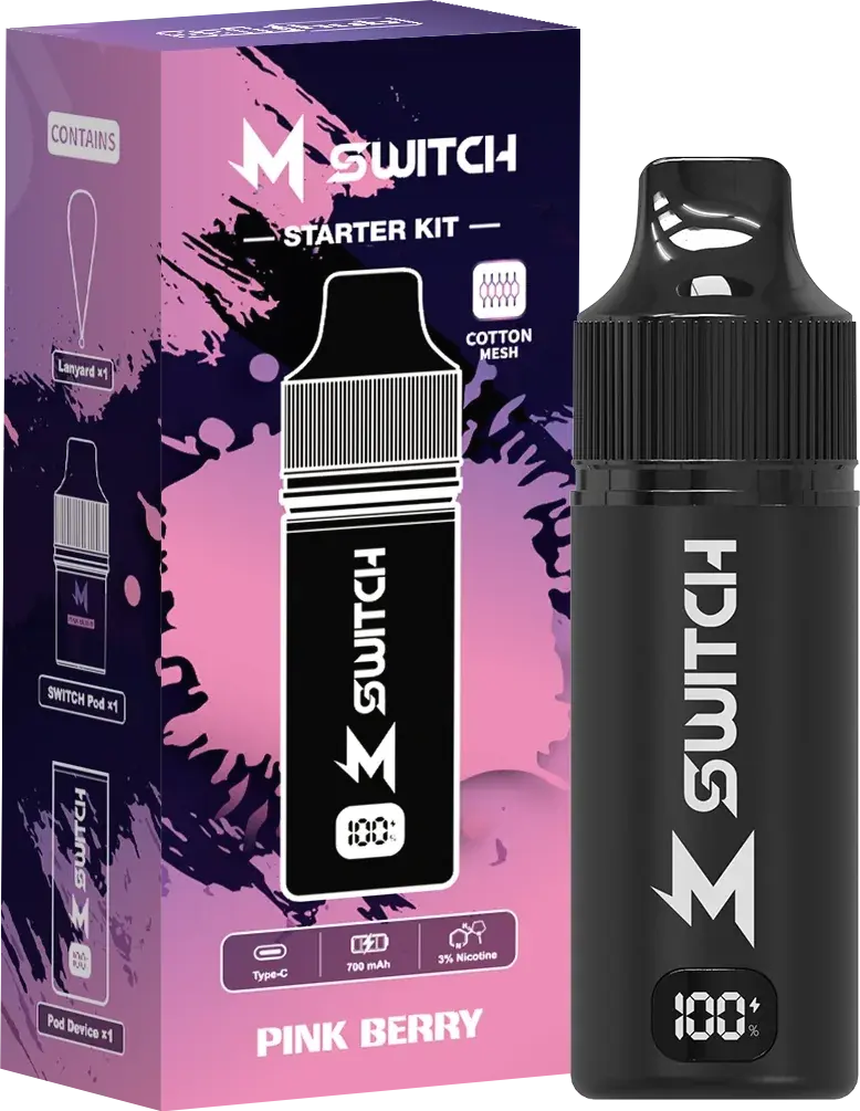 SALTHUB M Switch starter kit, Pink Berry — box and device, SALTHUB render