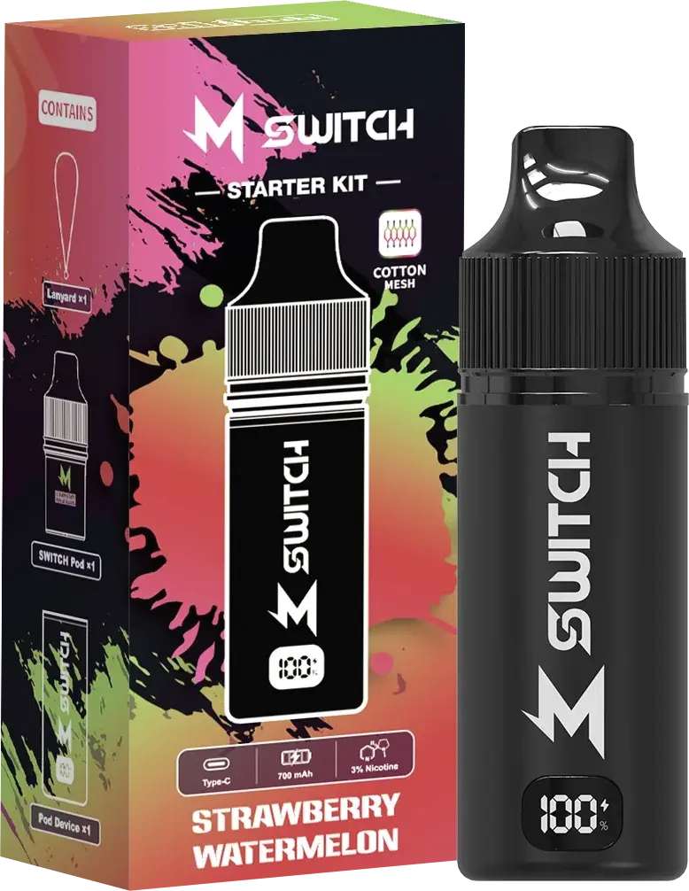 SALTHUB M Switch starter kit, Strawberry Watermelon — box and device, SALTHUB render