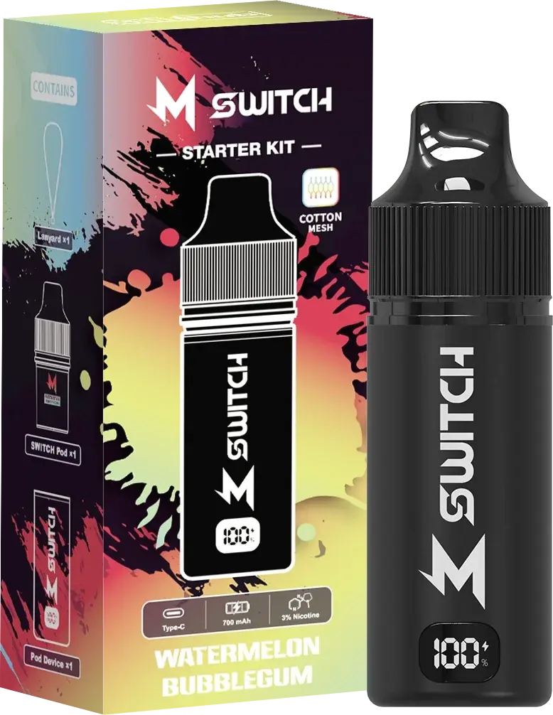 SALTHUB M Switch starter kit, Watermelon Bubblegum — box and device, SALTHUB render