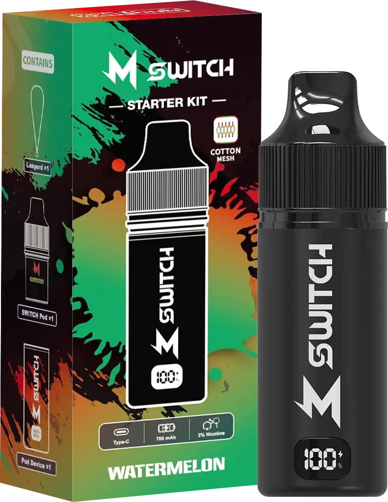 SALTHUB M Switch starter kit, Watermelon — box and device, SALTHUB render