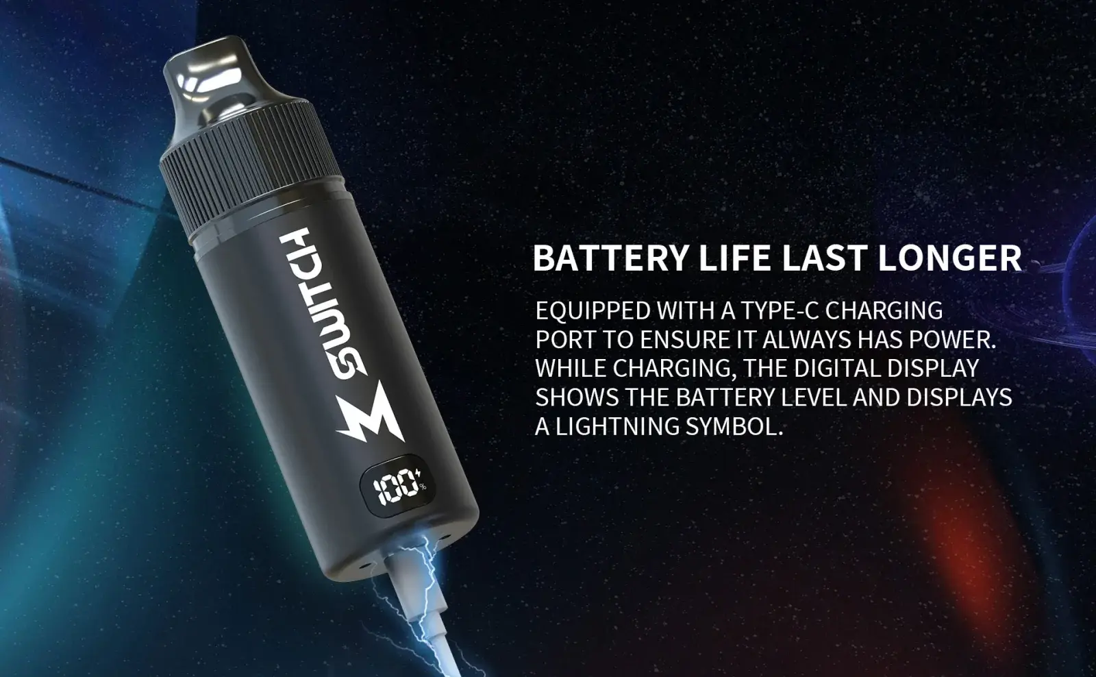 SALTHUB's M Switch poster — battery life last longer, Type-C charging port and the battery display