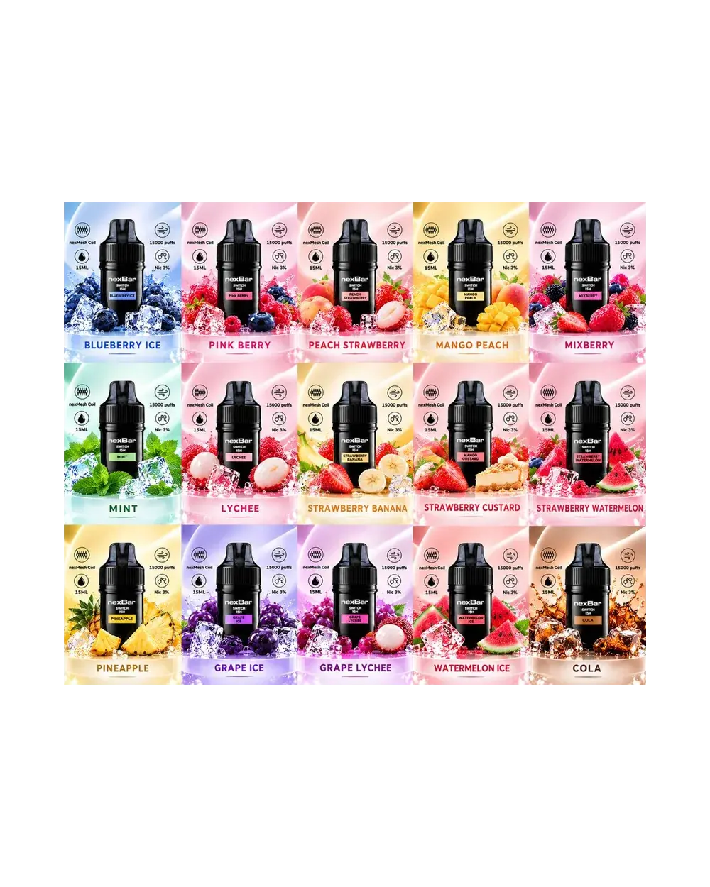 nexBar Switch 15K refill pods, all 15 flavours line-up