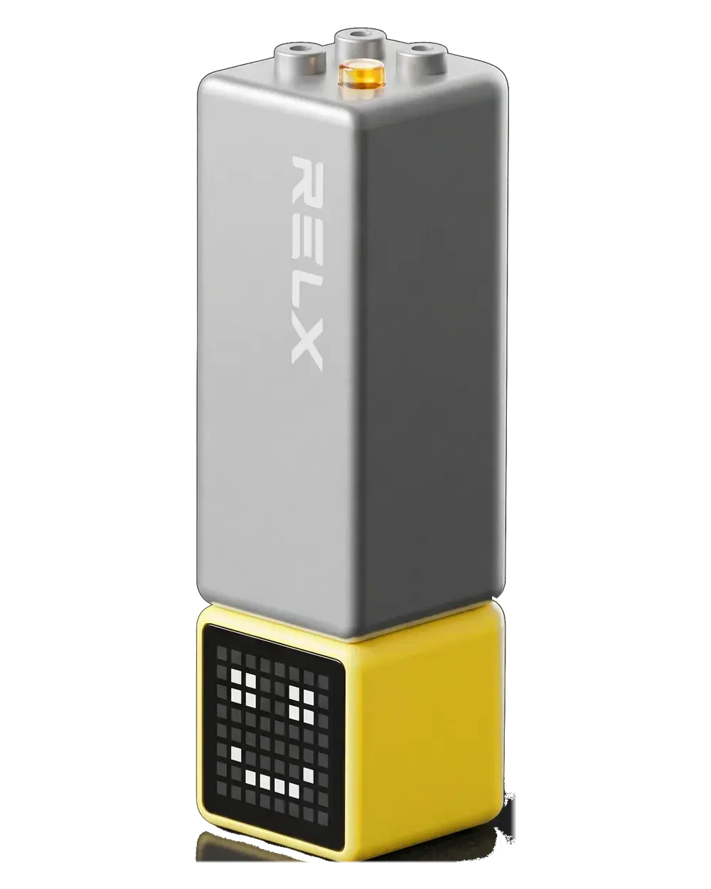 RELX Creator Pro device, grey body with a yellow base and pixel smiley screen, upright three-quarter view