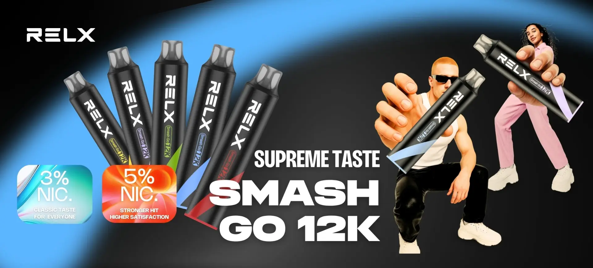 RELX's Smash Go 12K key visual — supreme taste, five pens