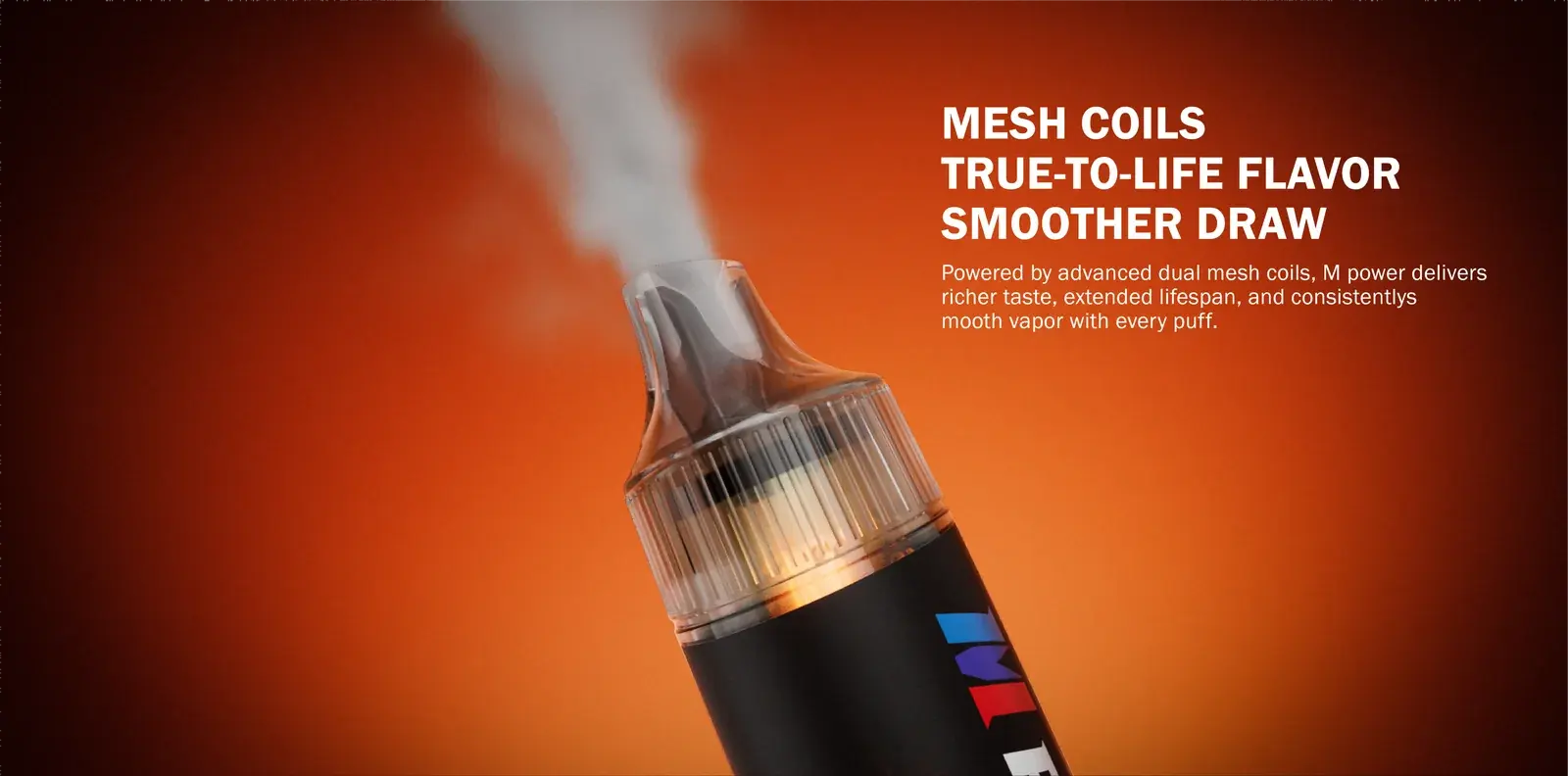 TFIT poster — the M Power 20K mouthpiece with vapour, "Mesh coils, true-to-life flavor, smoother draw"