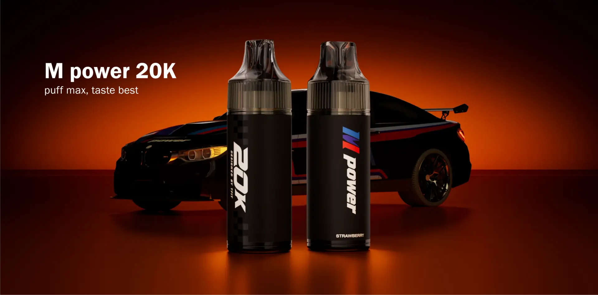 TFIT's M Power 20K poster — two devices in front of a race car, "M power 20K, puff max, taste best"