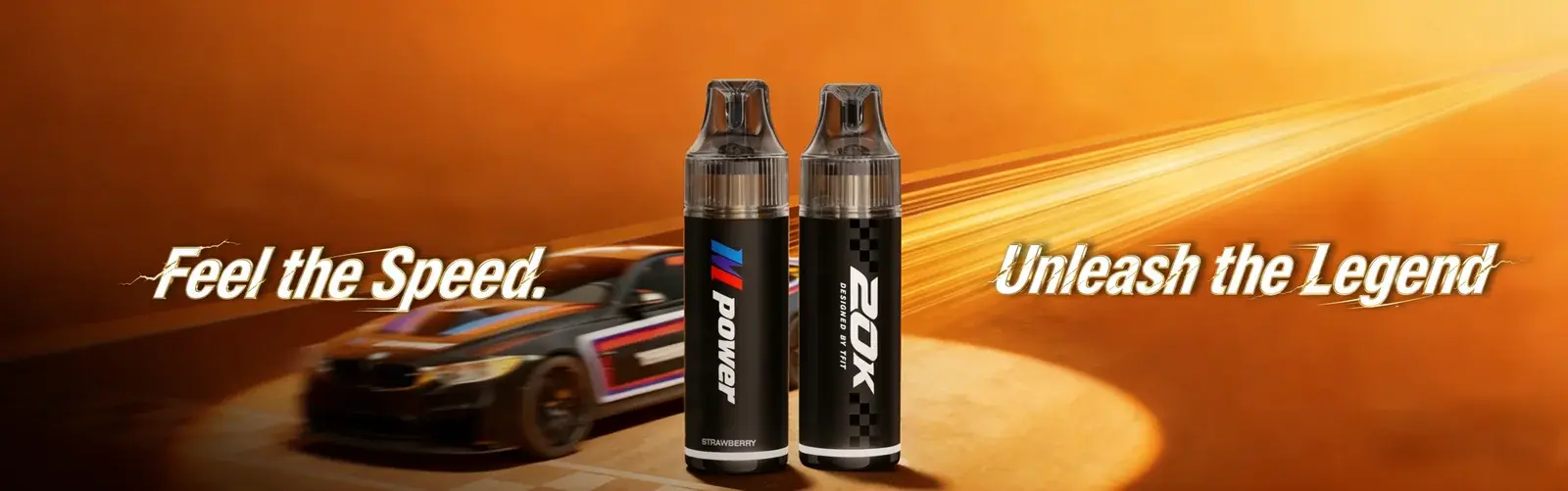 TFIT poster — two M Power 20K devices and a race car, "Feel the Speed. Unleash the Legend"