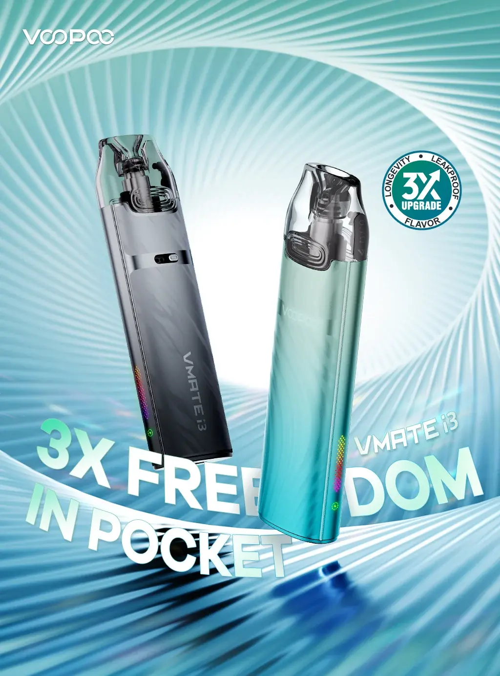 VOOPOO's VMATE i3 poster — 3X Freedom in Pocket: Silver Black and Cyan Blue, with the 3X upgrade badge