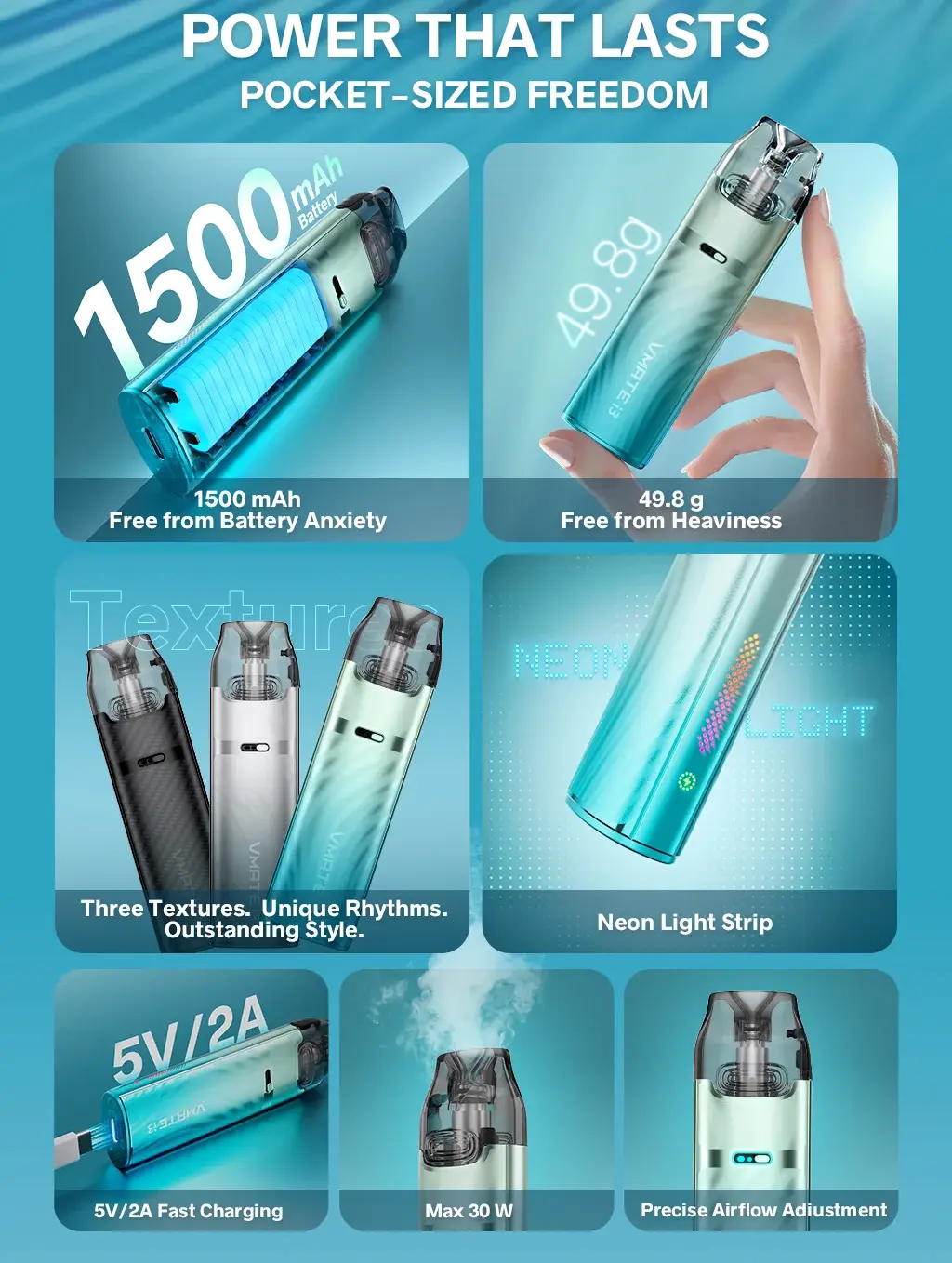 VOOPOO's VMATE i3 poster — power that lasts: the battery, 49.8g, three textures, the Neon Light Strip, 5V/2A charging and the airflow slider